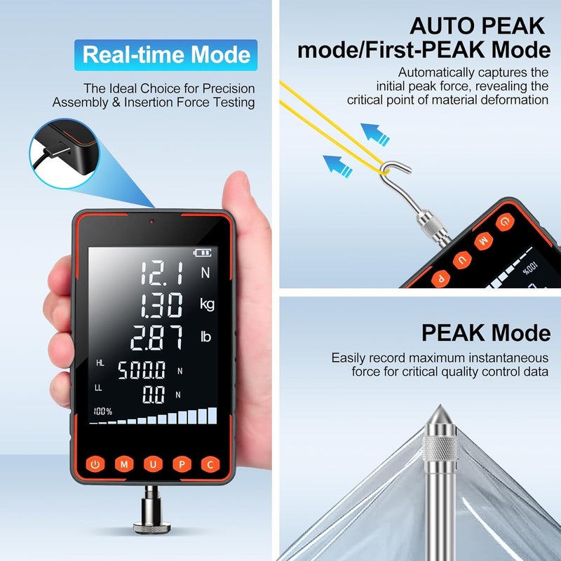 Everkeen Trigger Pull Gauge, Force Gauge Weight Push Pull 500N Extra Large LCD with N kg lb, Peak & Real Time Auto Peak Modes, Data Software, Calibration Certificate, Digital Trigger Pull Scale - Image 4
